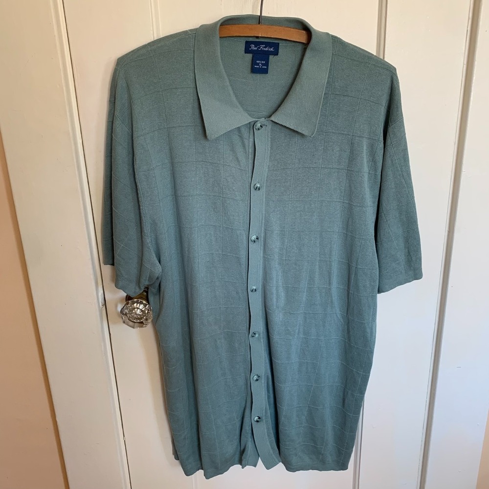 Paul Fredrick Mens XL 100% Silk Knit Button Down Shirt Blue Grid Pattern